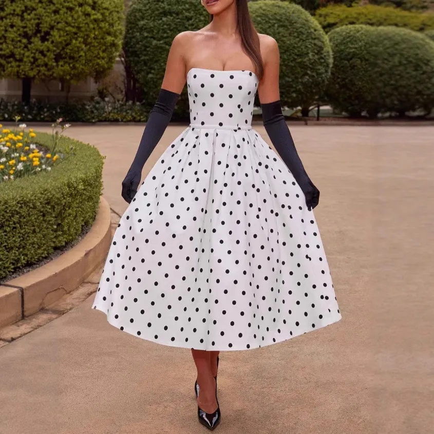 Polka Dot Tube Top Dress Waist Trimming Fashion Women - White
