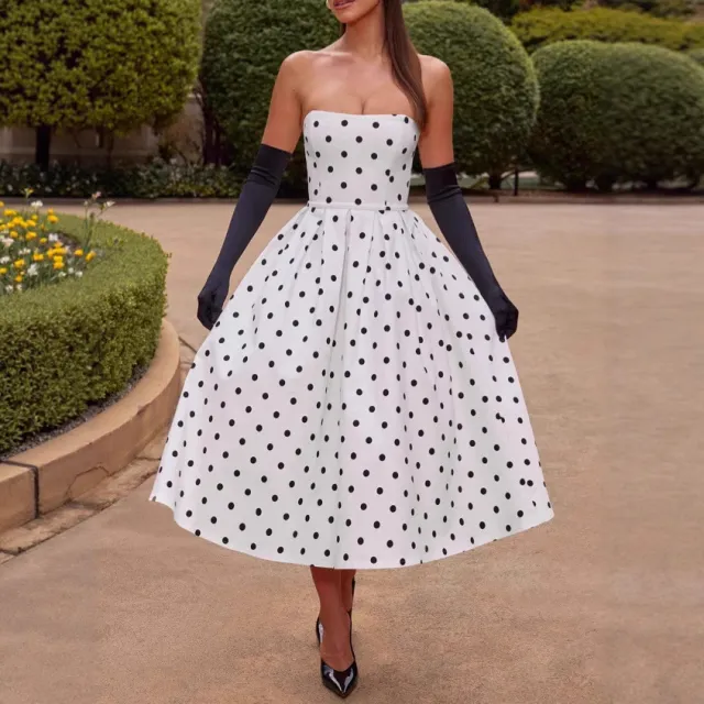 Polka Dot Tube Top Dress Waist Trimming Fashion Women White - Shop at LoveMi