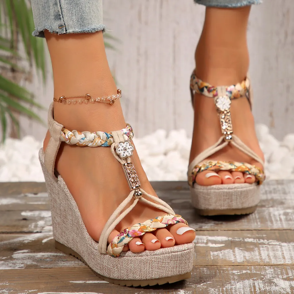 Women's Shoes Color Matching Fabric Woven Open Toe Hollow - Beige
