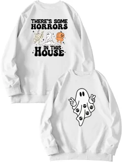 Women's Fashion Casual THERE'S SOME HORRORS Printed Pullover Long Sleeve Sweater - White Black Words - View 1