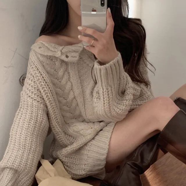 Side Button Hemp Pattern Design Loose Long Sleeve Knitted Sweater Khaki - Shop at LoveMi