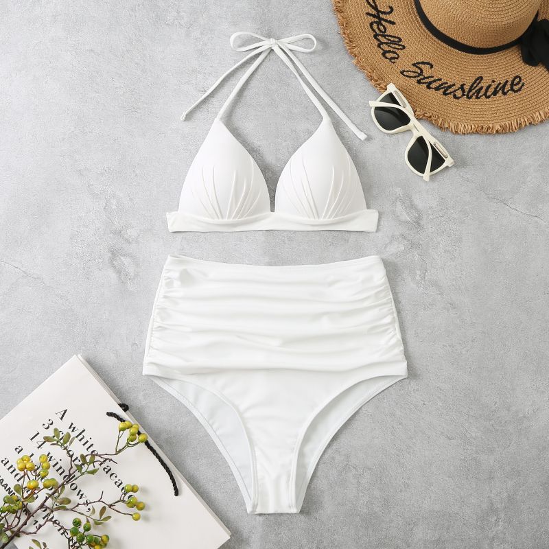 High Waist Triangle Tether Halter Bikini Split Swimwear White - Shop at LoveMi
