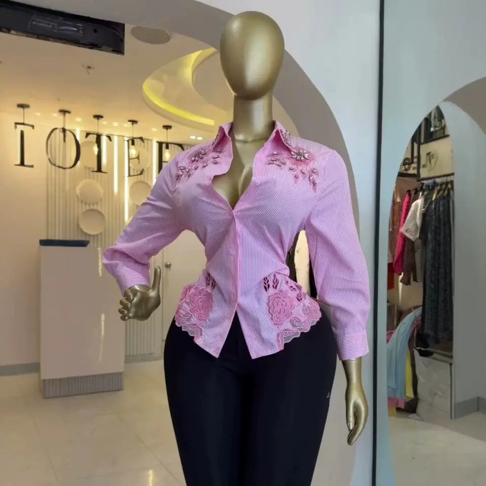 Womens Rhinestone-embellished Hollow-out Striped Long-sleeve Shirt