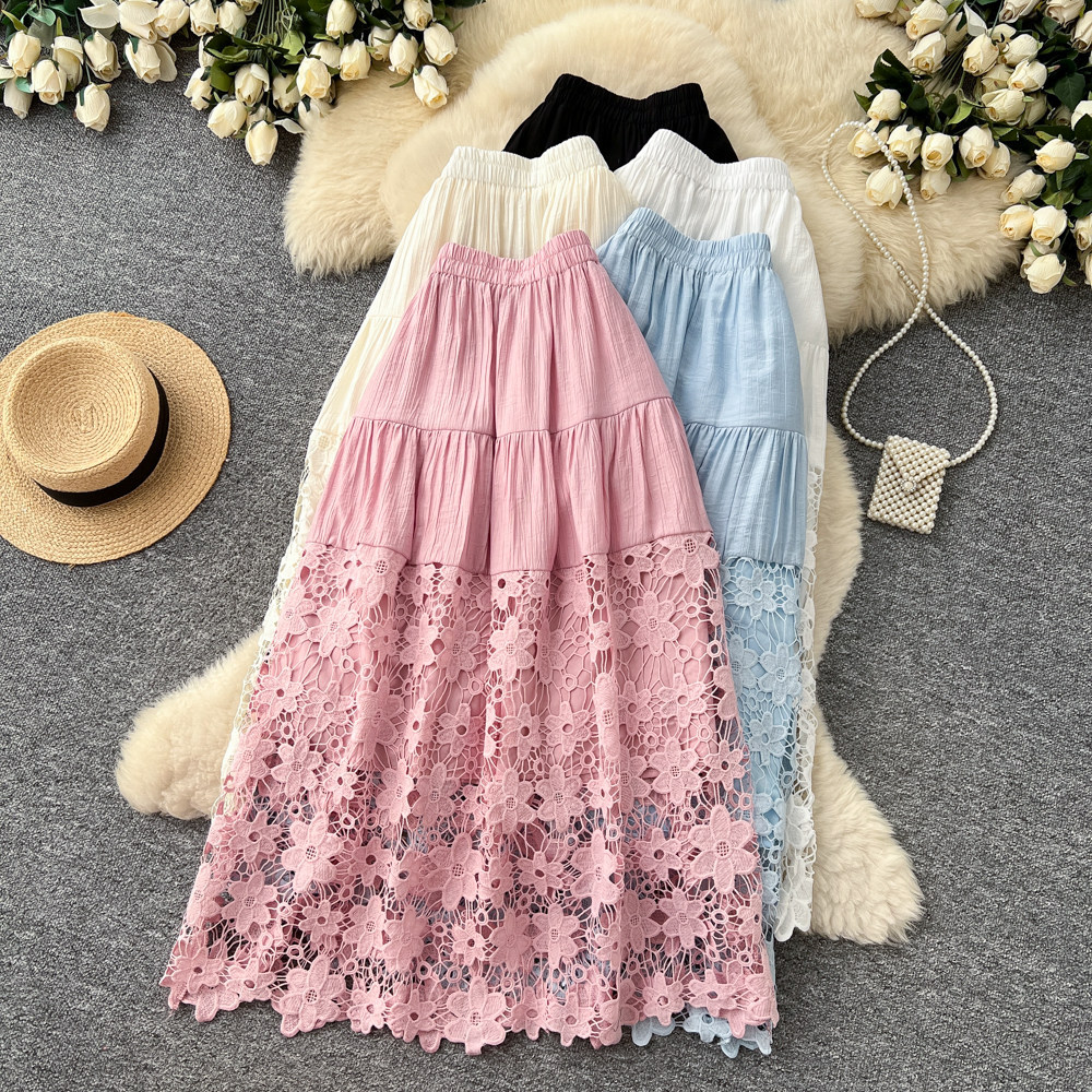 Womens Hollowed-Out Loose Lace-Patchwork A-Line Skirt
