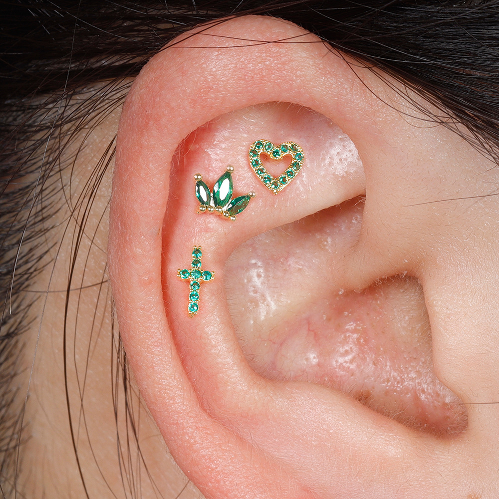 Stainless Steel Rod Green Zircon Crown Ear Bone Stud