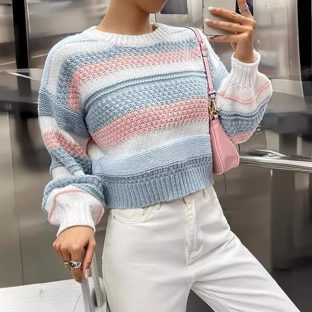 Spring And Autumn New Contrast Color Women's Striped Elegant Fashion Women's Knitted Pullover Color - Shop at LoveMi