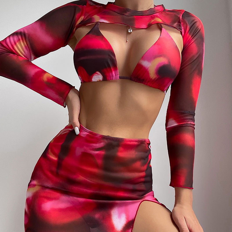 Womens Floral Print Long-Sleeve Bikini Three-Piece Swimsuit