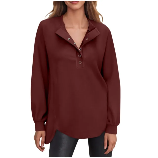 Women's Fashion Casual Solid Color Round Neck Button Long Sleeve Top Wine - Shop at LoveMi
