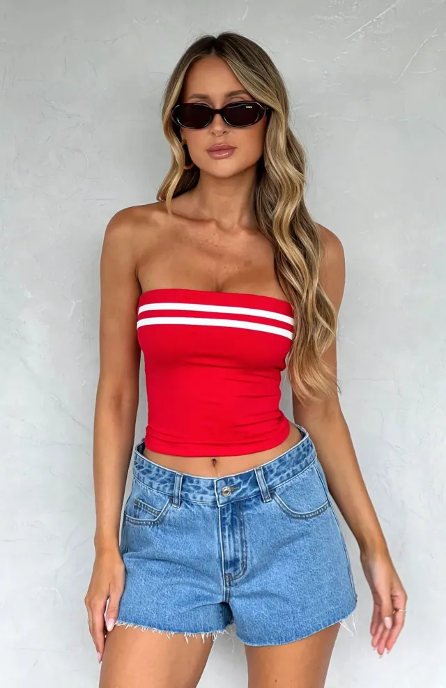 Contrast Color Striped Tube Top Tight fitting Outerwear Red - Shop at LoveMi