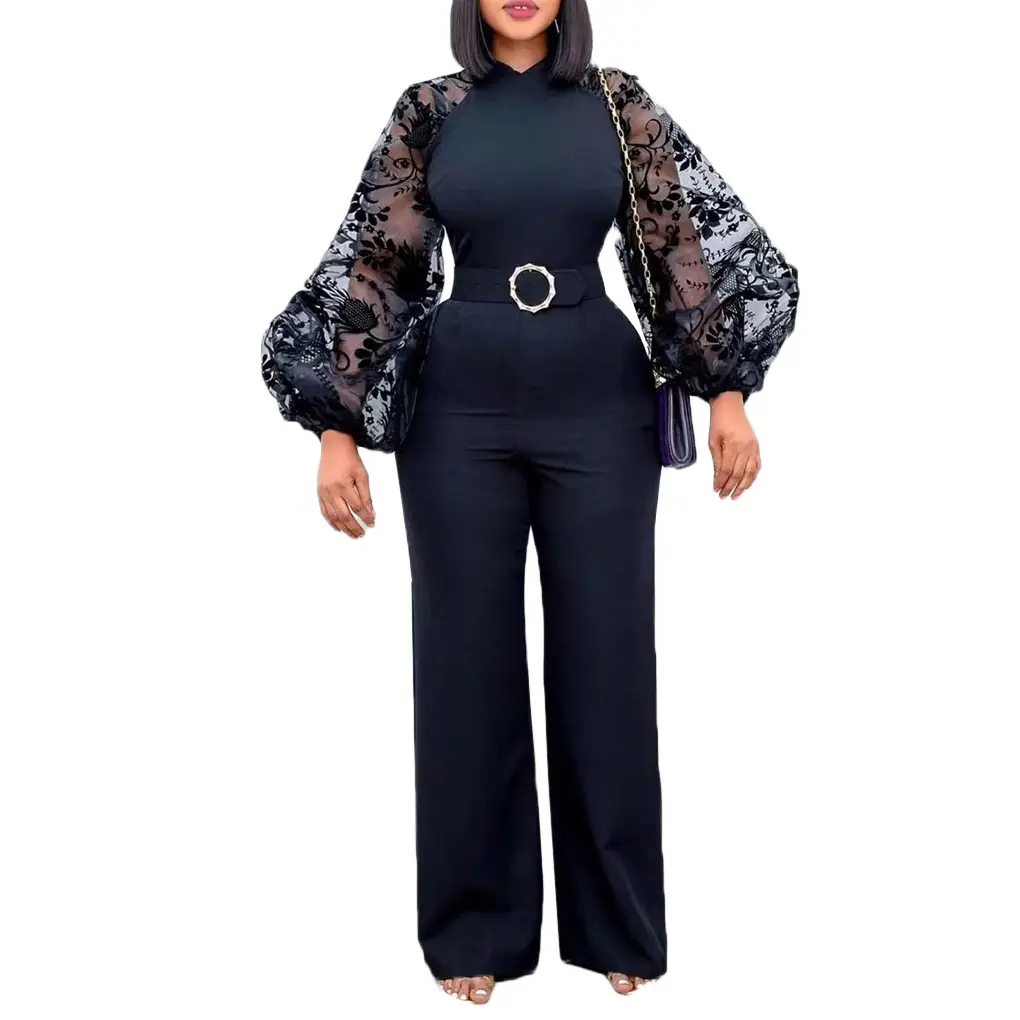 Women's Wide Leg Jumpsuit with Sheer Floral Sleeves and Belt