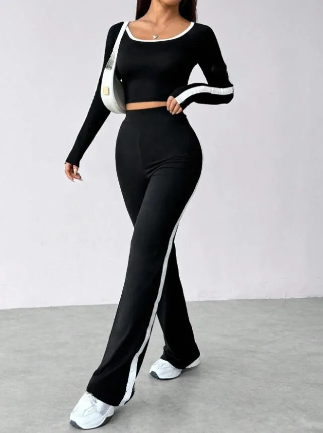 Casual Slim-fitting Patchwork Black And White Long Sleeve Trousers Suit - Black