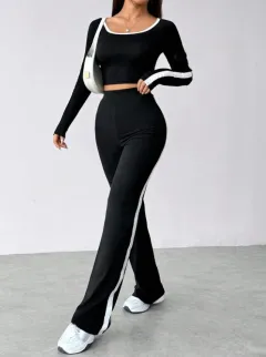 Casual Slim-fitting Patchwork Black And White Long Sleeve Trousers Suit - Black - View 1