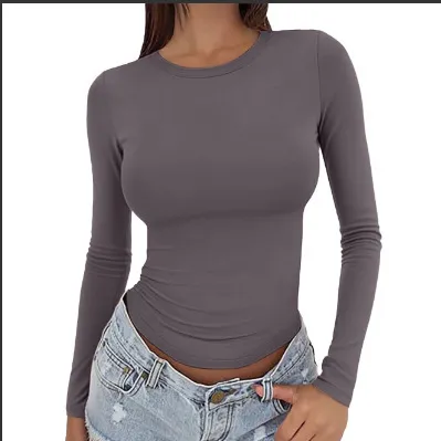 Women's Slim-fit Solid Color Round Neck Long Sleeve AutumnWinter - Gray