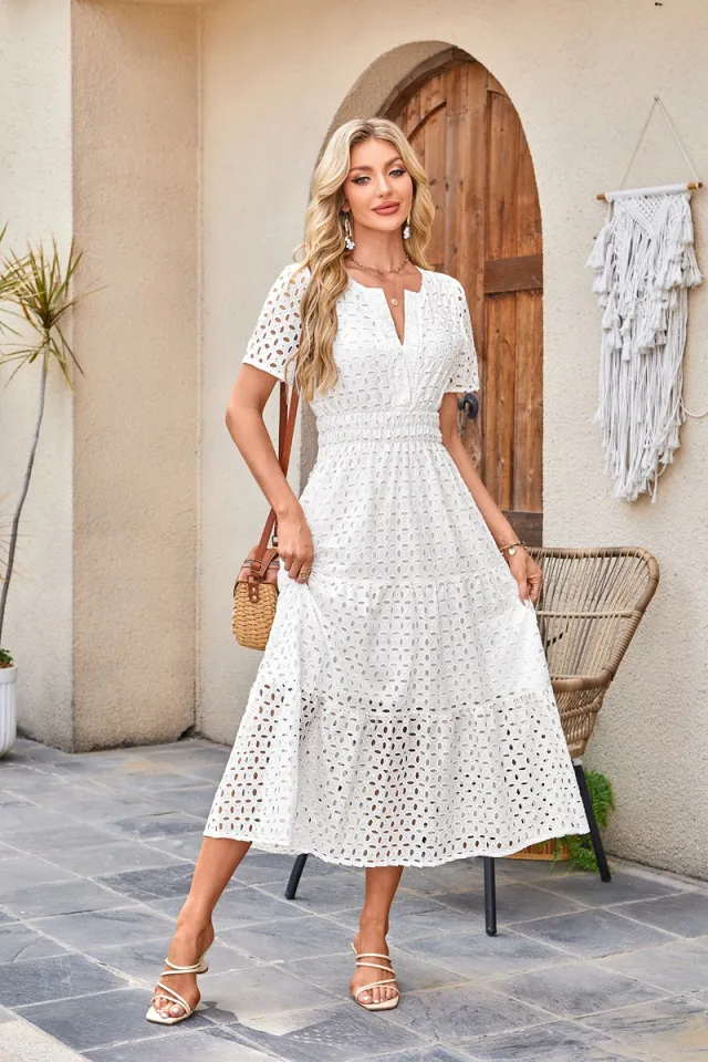 V neck Hollow Pleated Short Sleeves Long Dress White - Shop at LoveMi