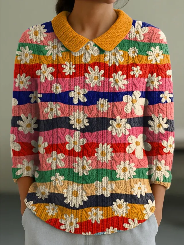 Autumn And Winter New Women's Doll Collar Knitted Jacquard Fabric French Retro Printed Top Nsy30125100807 - Shop at LoveMi