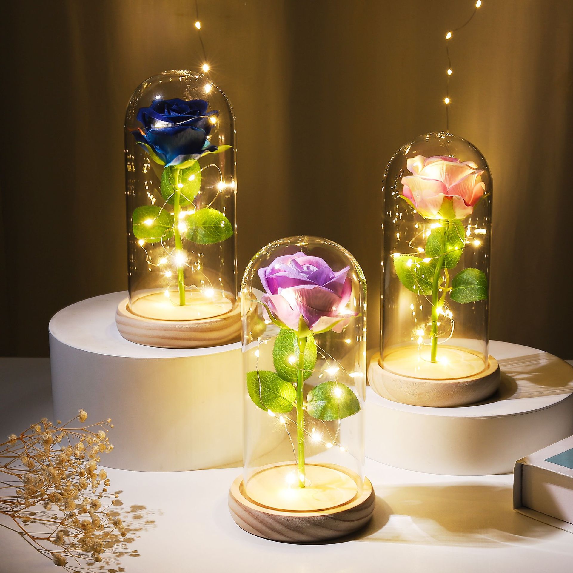 Preserved Flower Glass Dome Artificial Rose Night Light For Christmas