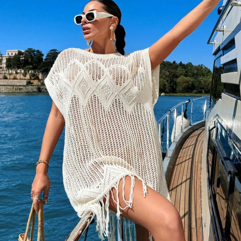 Knitted Hollow-Out Tassel Loose Bikini Swimsuit Cover-Up
