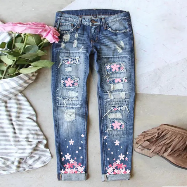 Women's Cherry Blossom Print Water Washed Hole Loose Wide Leg Jeans Blue And Red Cherry Blossoms - Shop at LoveMi