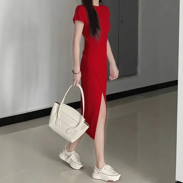 Solid Color Slit Dress For Women Slim And Slimming Red - Shop at LoveMi