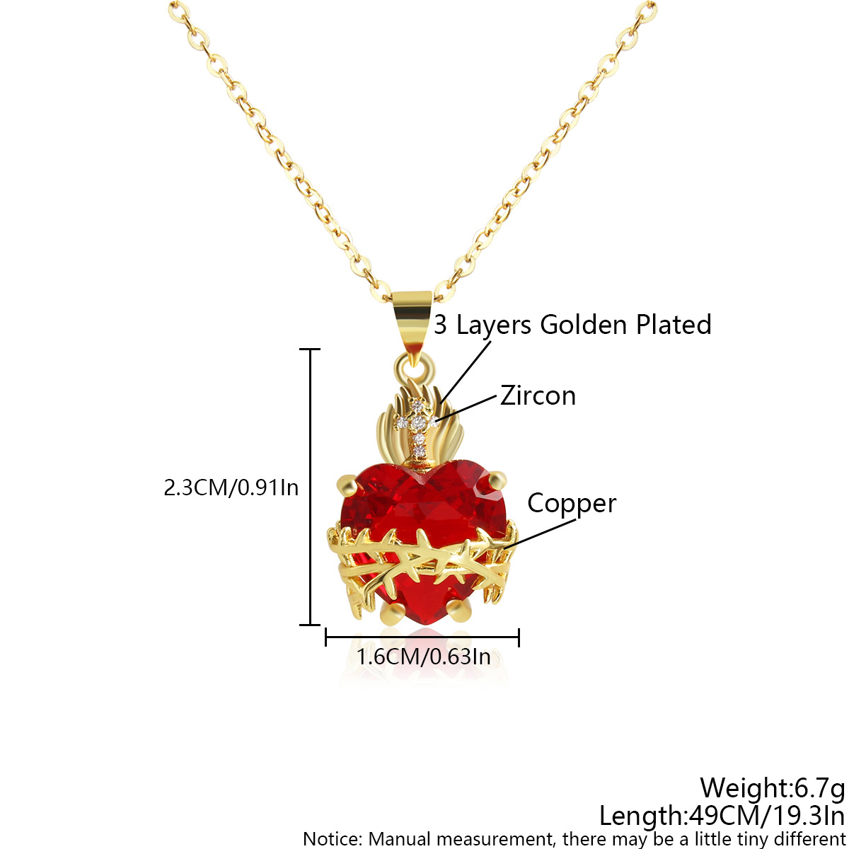 Red Heart-shaped Zircon Copper-plated Gold Cross Pendant Necklace