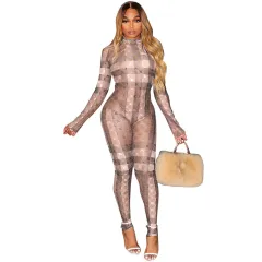Women's Fashion Printing Tight Round Neck Long Sleeve Jumpsuit - Brown Print - View 1