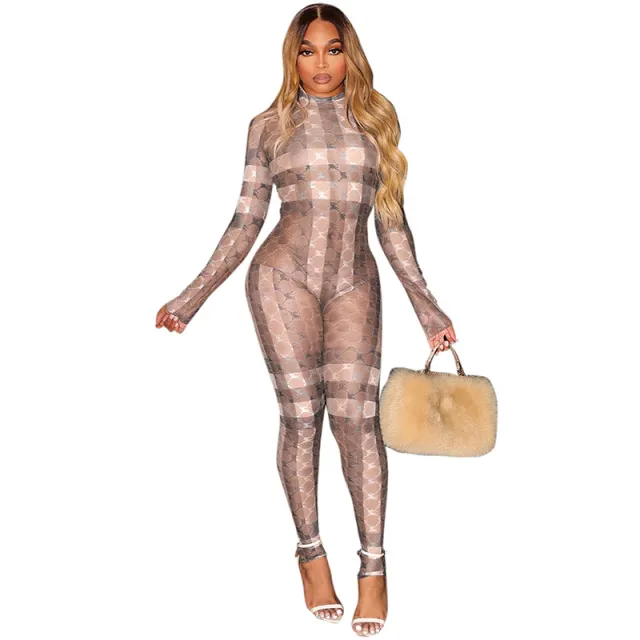 Women's Fashion Printing Tight Round Neck Long Sleeve Jumpsuit Brown Print - Shop at LoveMi