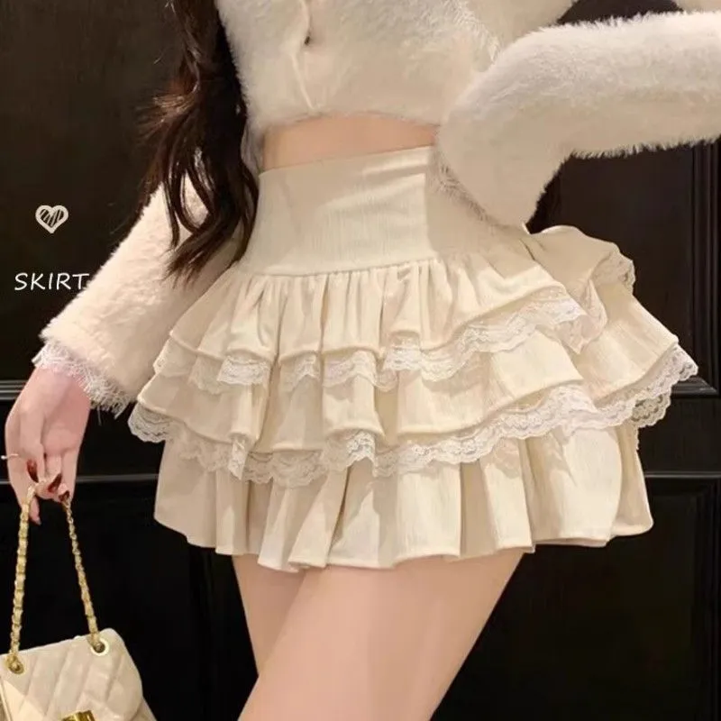 Womens Solid-Color High-Waisted Fluffy A-Line Skirt - Apricot
