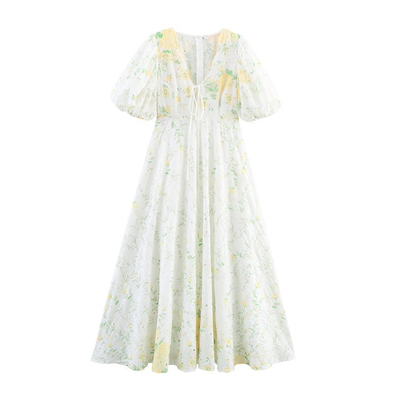 European And American Style Printed V-neck Puff Sleeve Dress