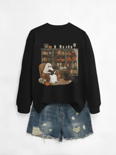 Printed Bookshelf Ghost Black Cat Round Neck Sweater - Black Colour Picture - View 1