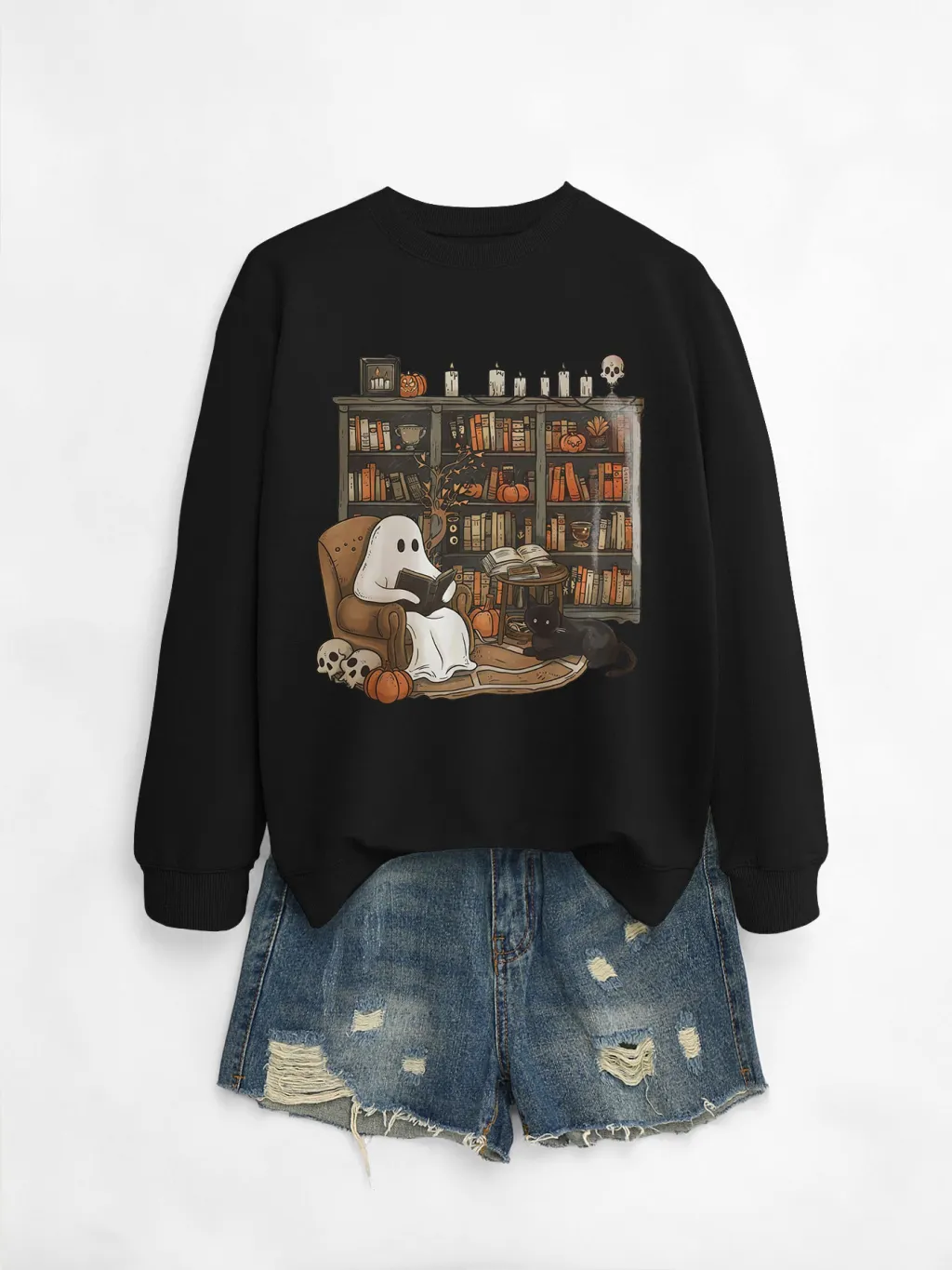 Printed Bookshelf Ghost Black Cat Round Neck Sweater - Black Color Picture