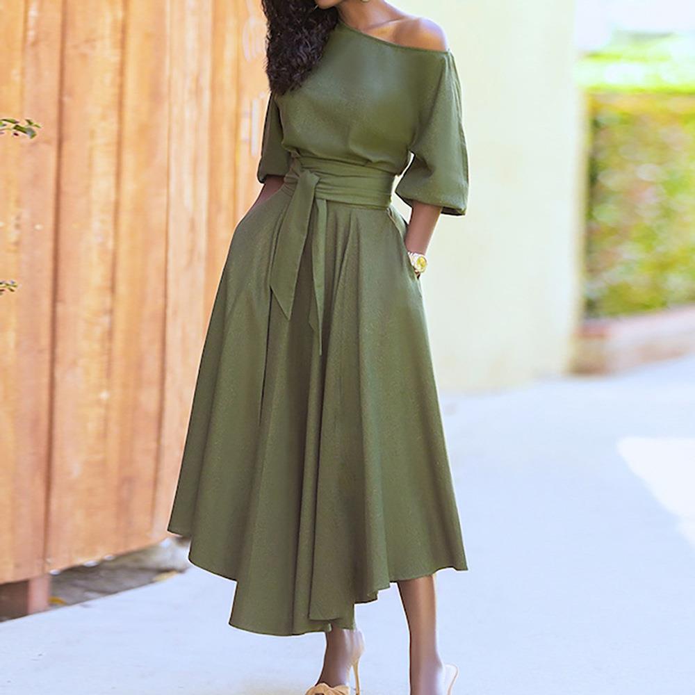 Women's Clothing Middle East Lace-up Waist-controlled Temperament Pure Color Dress