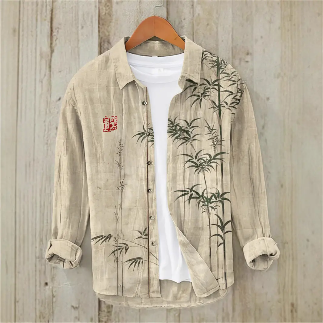 Printed Mens Retro Casual Long-Sleeve Shirt