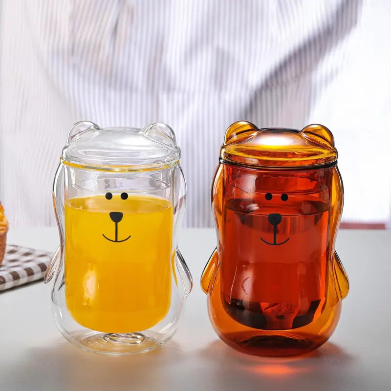 Creative Cartoon Bear Double-Walled Glass Cup With Lid