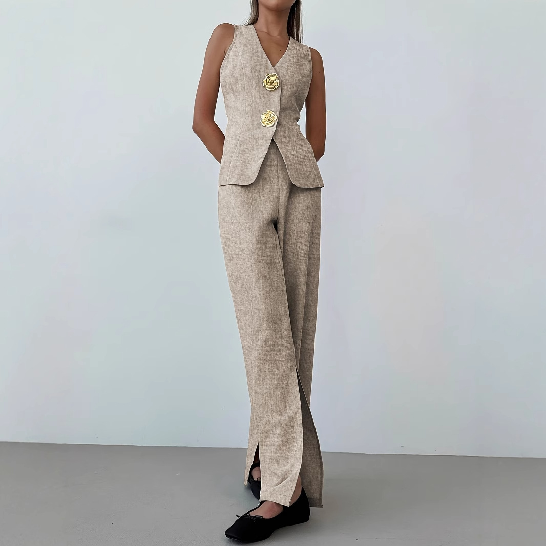 Elegant Breathable V-neck Sleeveless Split-front Wide-leg Pants Set