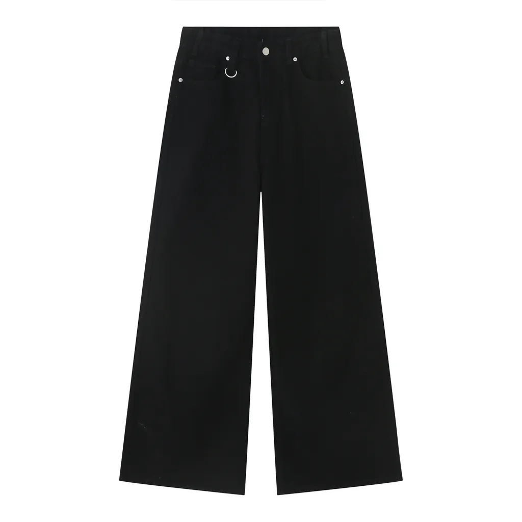 Retro Style Distressed Loose Wide Leg Mopping Jeans - Black