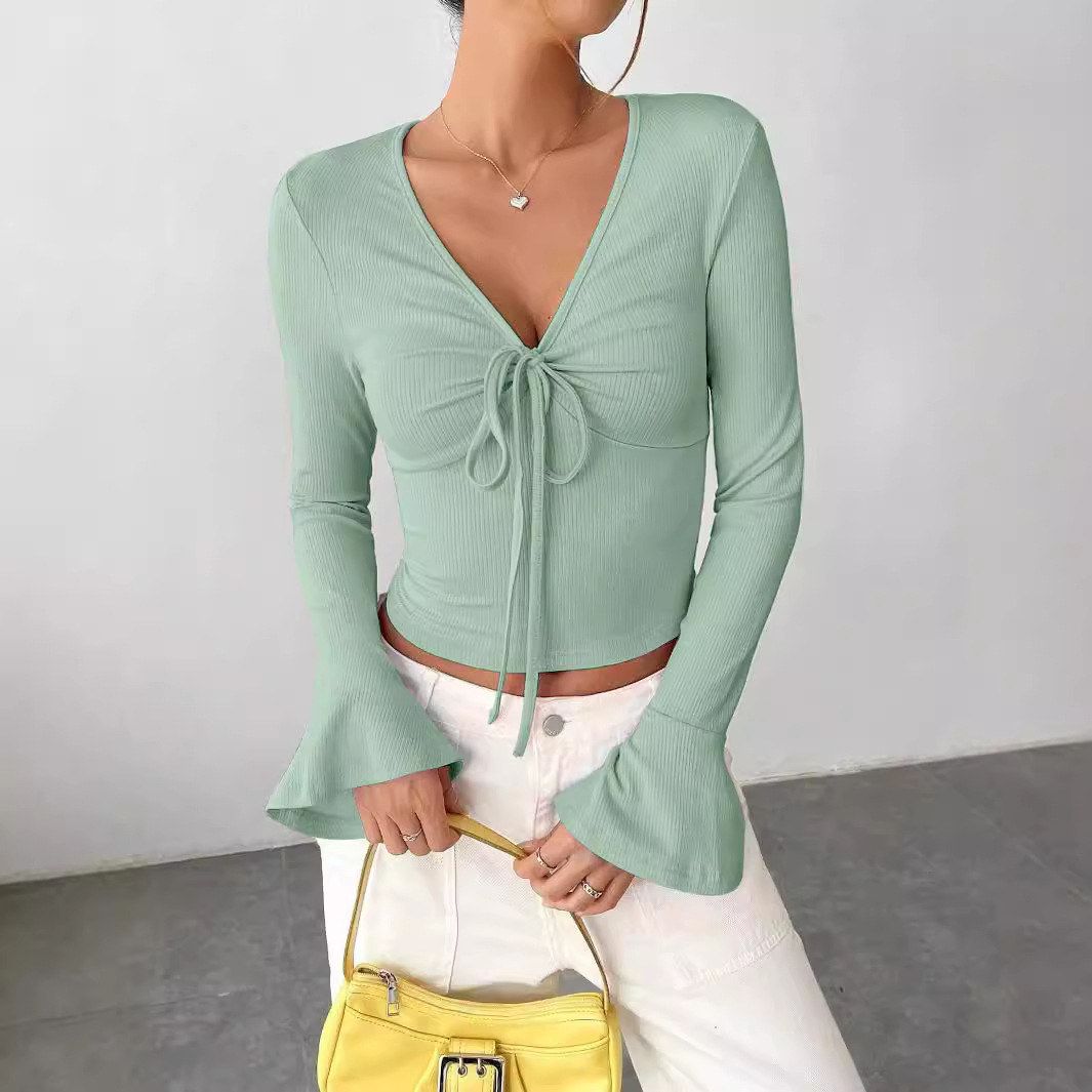 Womens Autumn City-style Blouse With A Notched Collar And Self-tie Cuffs