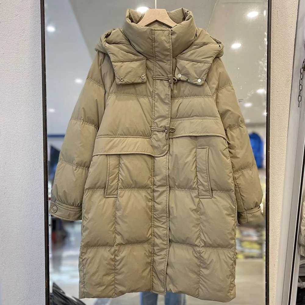 Off-season Hooded Down Jacket Women's Mid-length Horn Button Slimming White Duck Down - Khaki