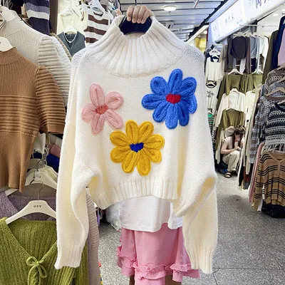 Three dimensional Flower Temperament High Collar Long sleeved Sweater White - Shop at LoveMi