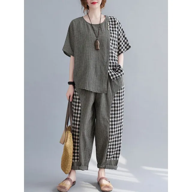 Short sleeved Top Plus Size Cotton And Linen Trousers Two piece Set Small Plaid - Shop at LoveMi