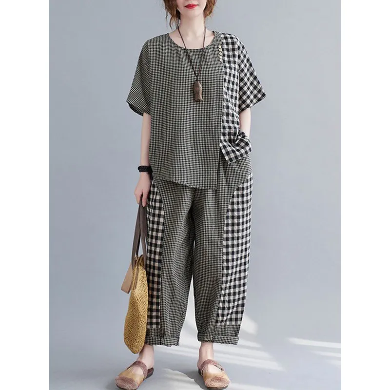Short-sleeved Top Plus Size Cotton And Linen Trousers Two-piece Set - Small Plaid