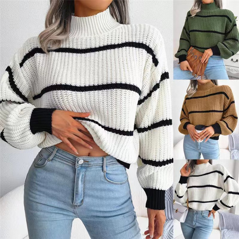 Title 6, Contrast Color Striped Sweater New Half Turtlen...