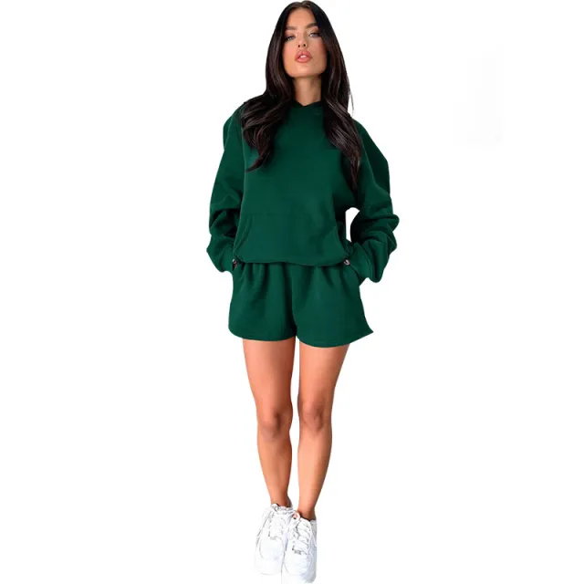 Solid Color Long Sleeve Hooded Sweaters Women's Clothing Two piece Fashion Dark Green - Shop at LoveMi