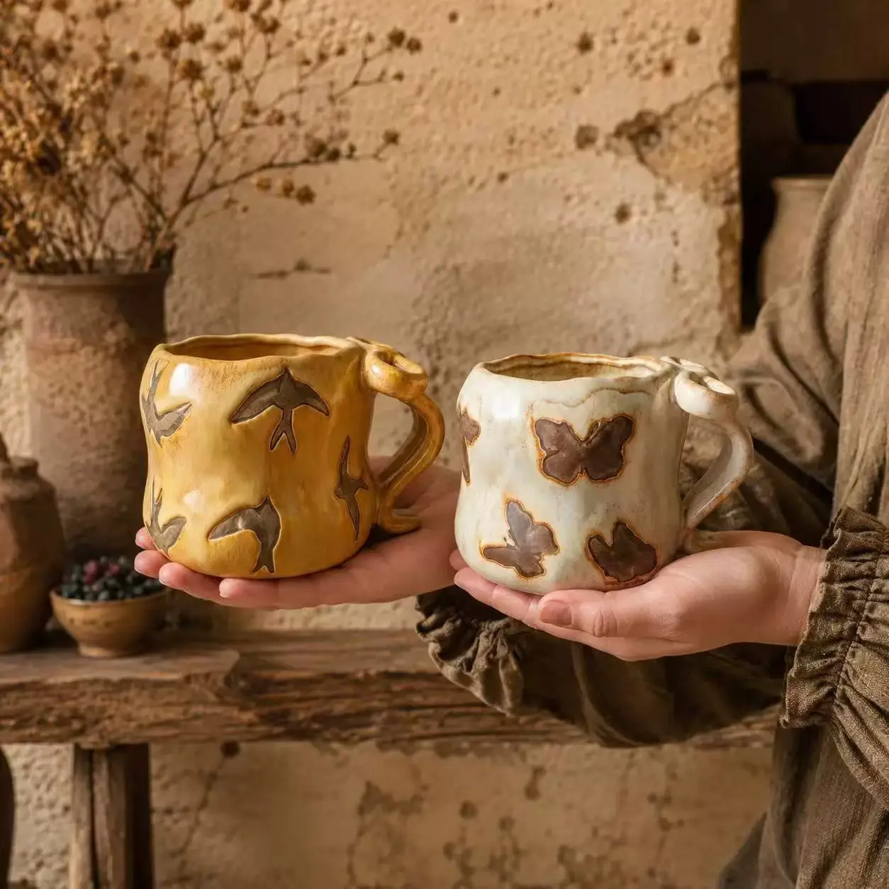 Retro Handmade Butterfly-Pattern Ceramic Coffee Cup