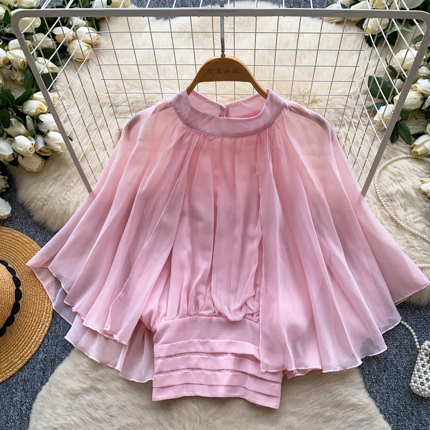 Womens Solid-Color French-Style Gentle-Look Stand-Neck Waist-Cinching Shirt