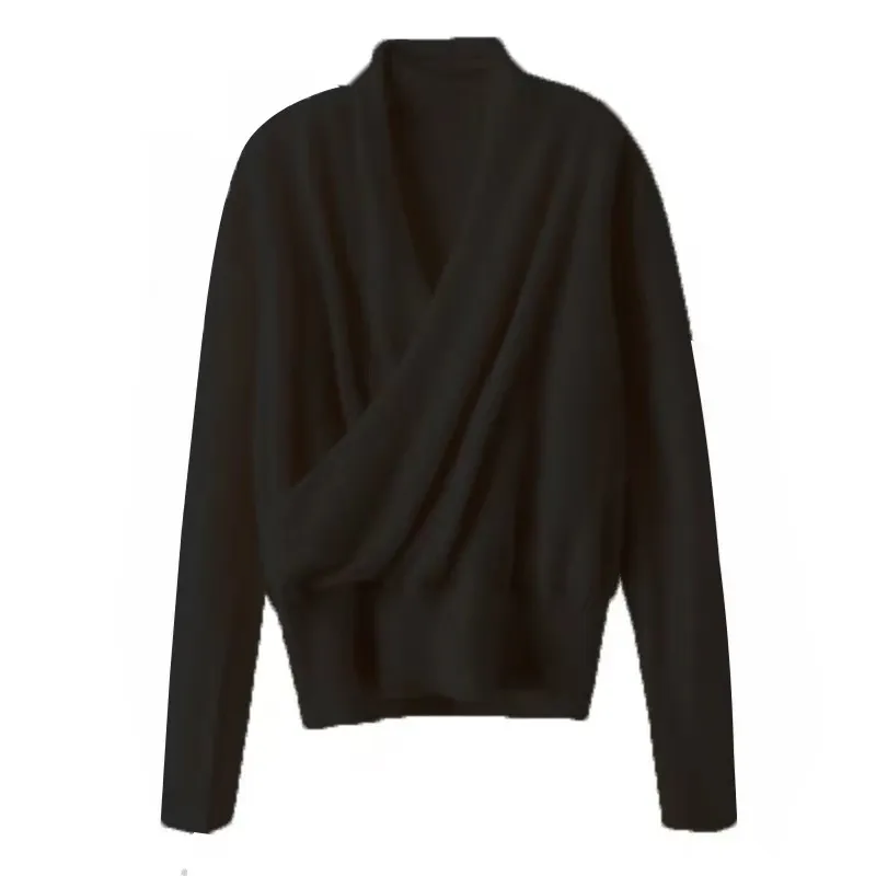 Women's Wool Skin-friendly Cross-collar Top - Black