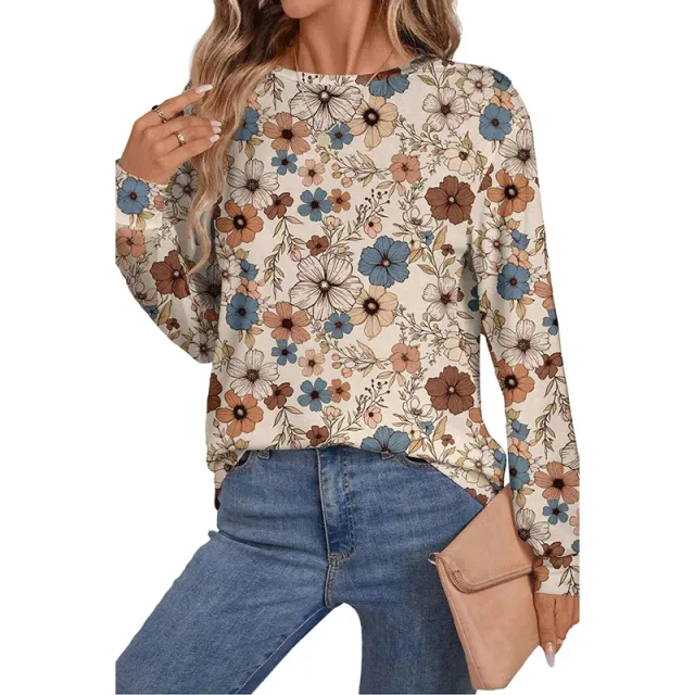 Women's Round Neck Pullover European And American Leisure All match Floral Print Sweater Lc25227003 P1620 - Shop at LoveMi