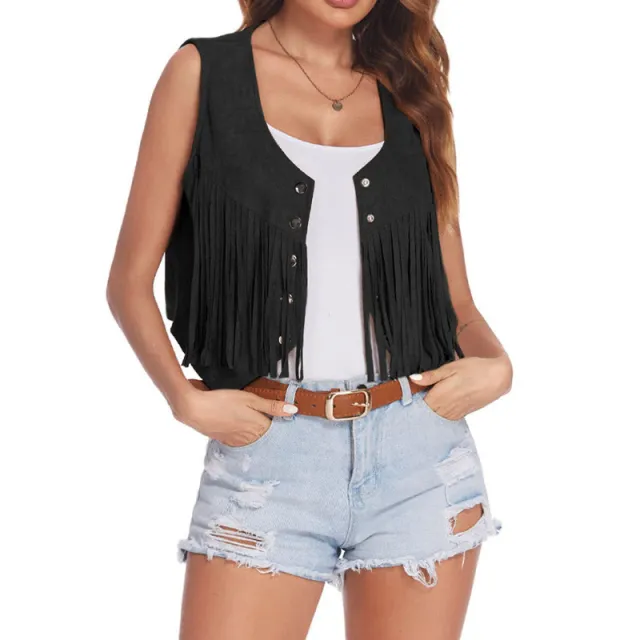 Vest Women's Suede Short Tassel Cardigan Sleeveless Retro Black - Shop at LoveMi