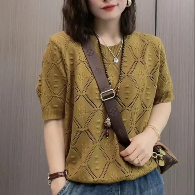 Summer Knitwear Women's Thin Short Sleeve Round Neck Sweater Yellow - Shop at LoveMi