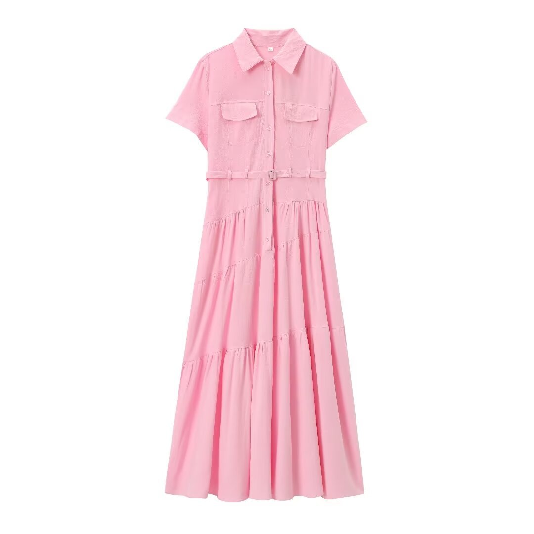 European And American Style With Belt Shirt Stitching Dress Pink - Shop at LoveMi