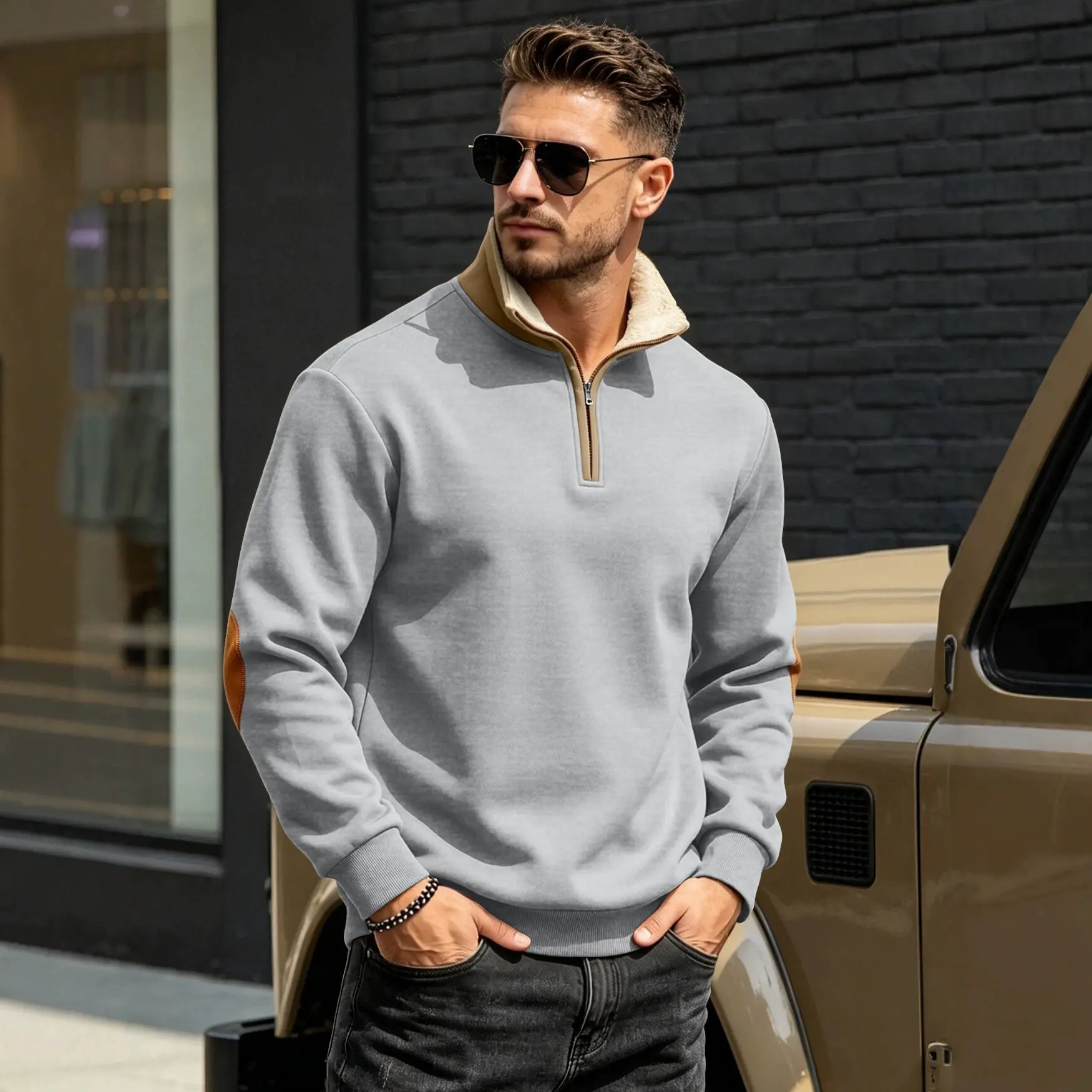 Retro Patchwork Embroidered Half-Placket Mens Long-Sleeve Sweatshirt